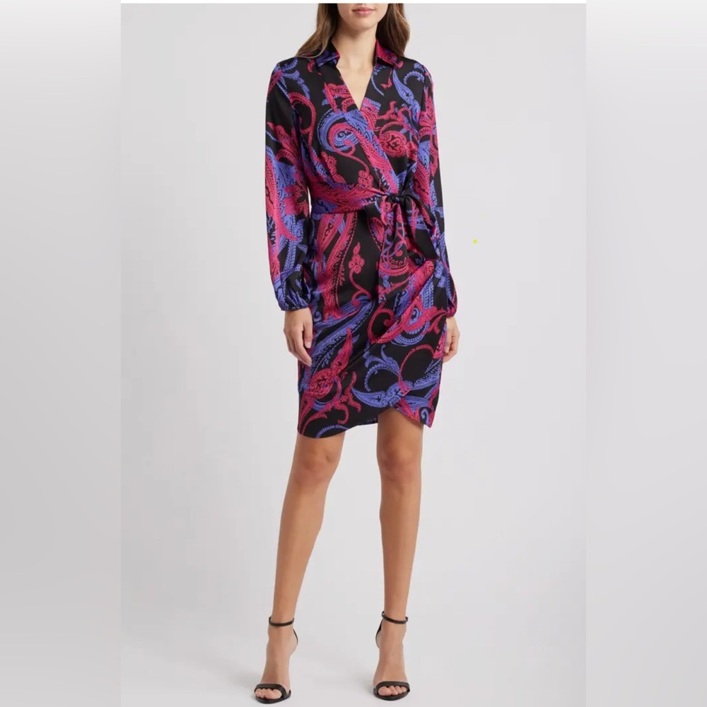 TAHARI ASL Faux-Wrap Long Sleeve Dress